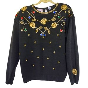Vintage 80s Womens Large Black‎ Beaded Sequins Sweater Ramie Cotton Gold accents